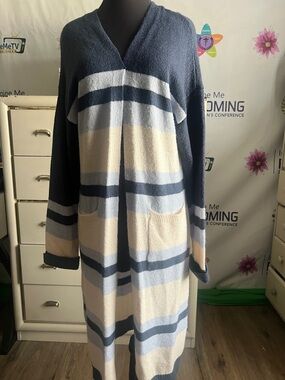 Striped Long Cozy Cardigan - Blue, Cream, Navy